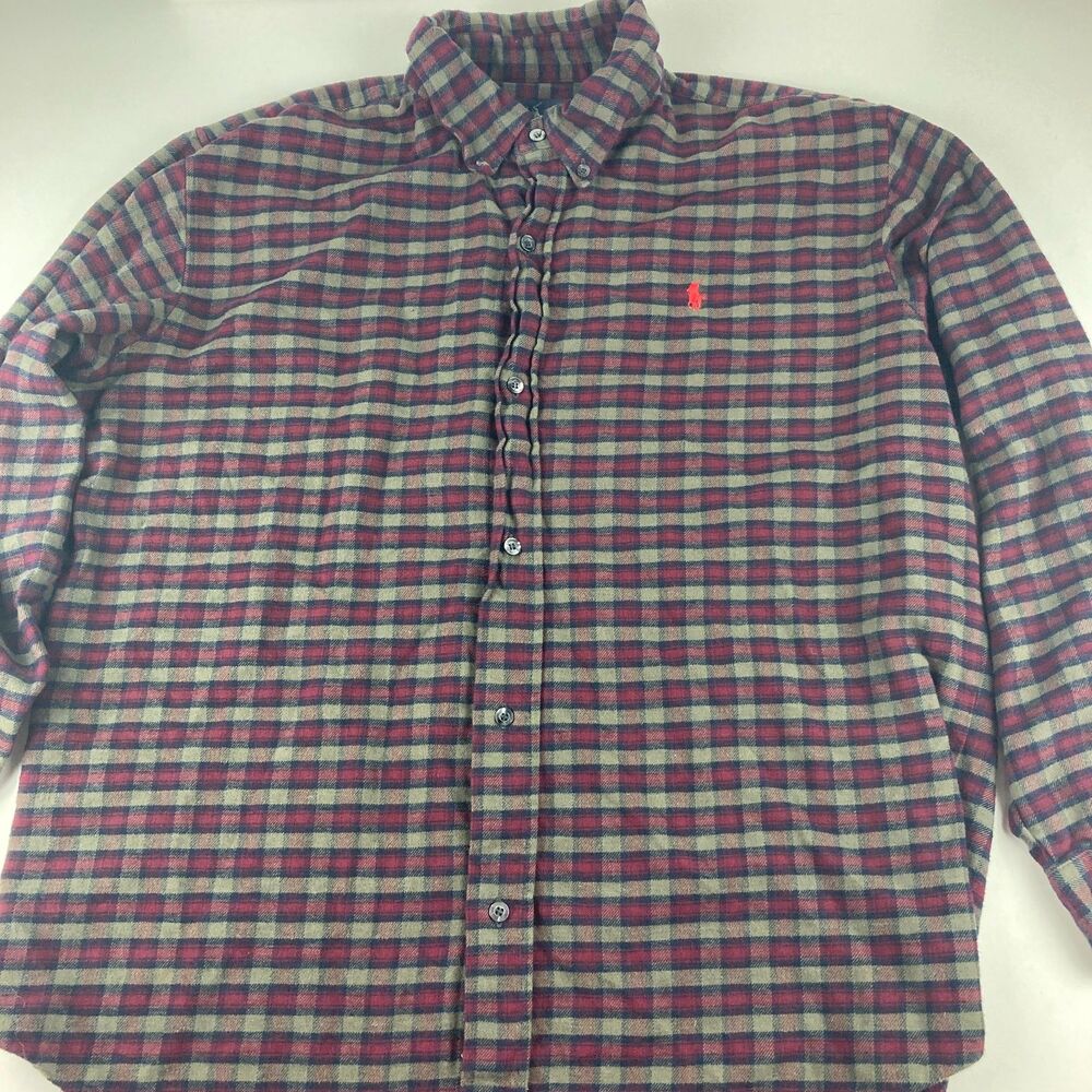 Ralph Lauren Flannel Shirt Men's XXL Red Navy Gray Plaid 100% Cotton Pony